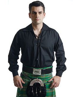 Jacobite Kilt Outfit consisting of kilt, kilt accessories, and medieval-style shirt