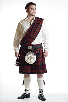 Jacobite Kilt Outfit consisting of kilt, kilt accessories, and medieval-style shirt