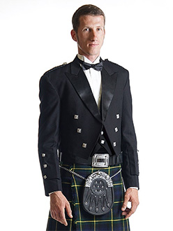 Prince Charlie Kilt Outfit consisting of kilt, kilt accessories, vest, and jacket