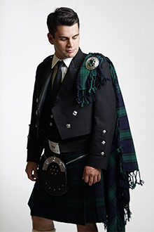 Prince Charlie Kilt Outfit consisting of kilt, kilt accessories, vest, and jacket