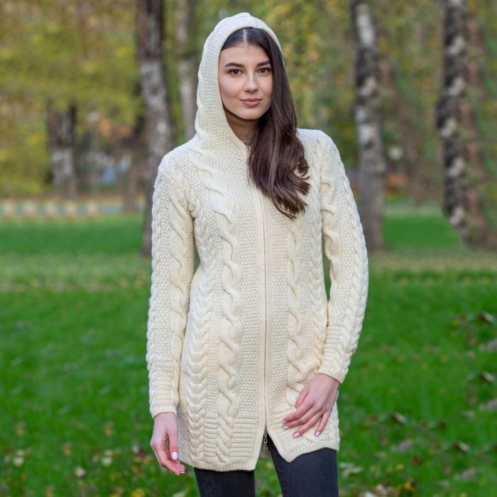 Aran Cable Knit Hooded Zip Coatigan