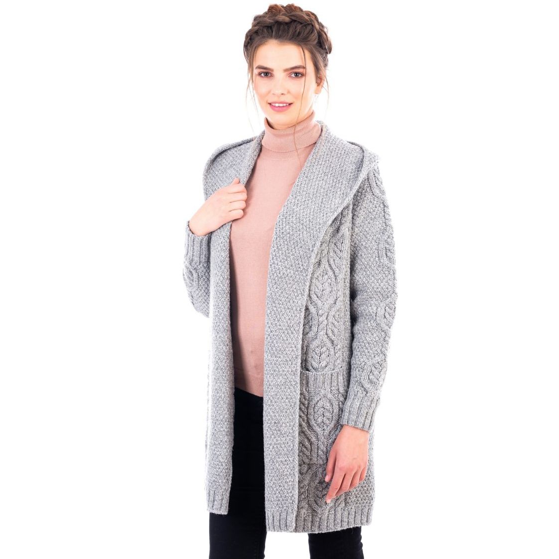 Long knitted cardigan with hood outlet